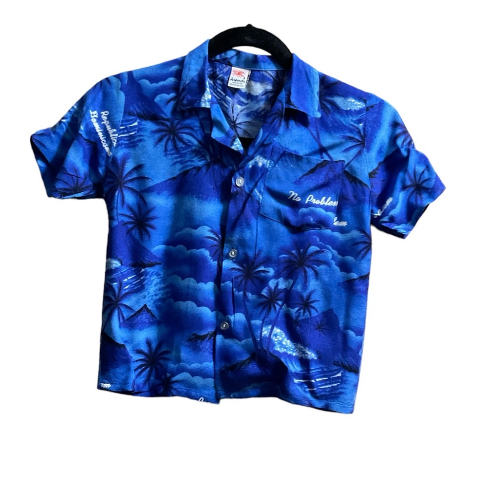 Boy’s Short Sleeve Button Down Lightweight Blue Shirt. Palm Trees and Clouds.